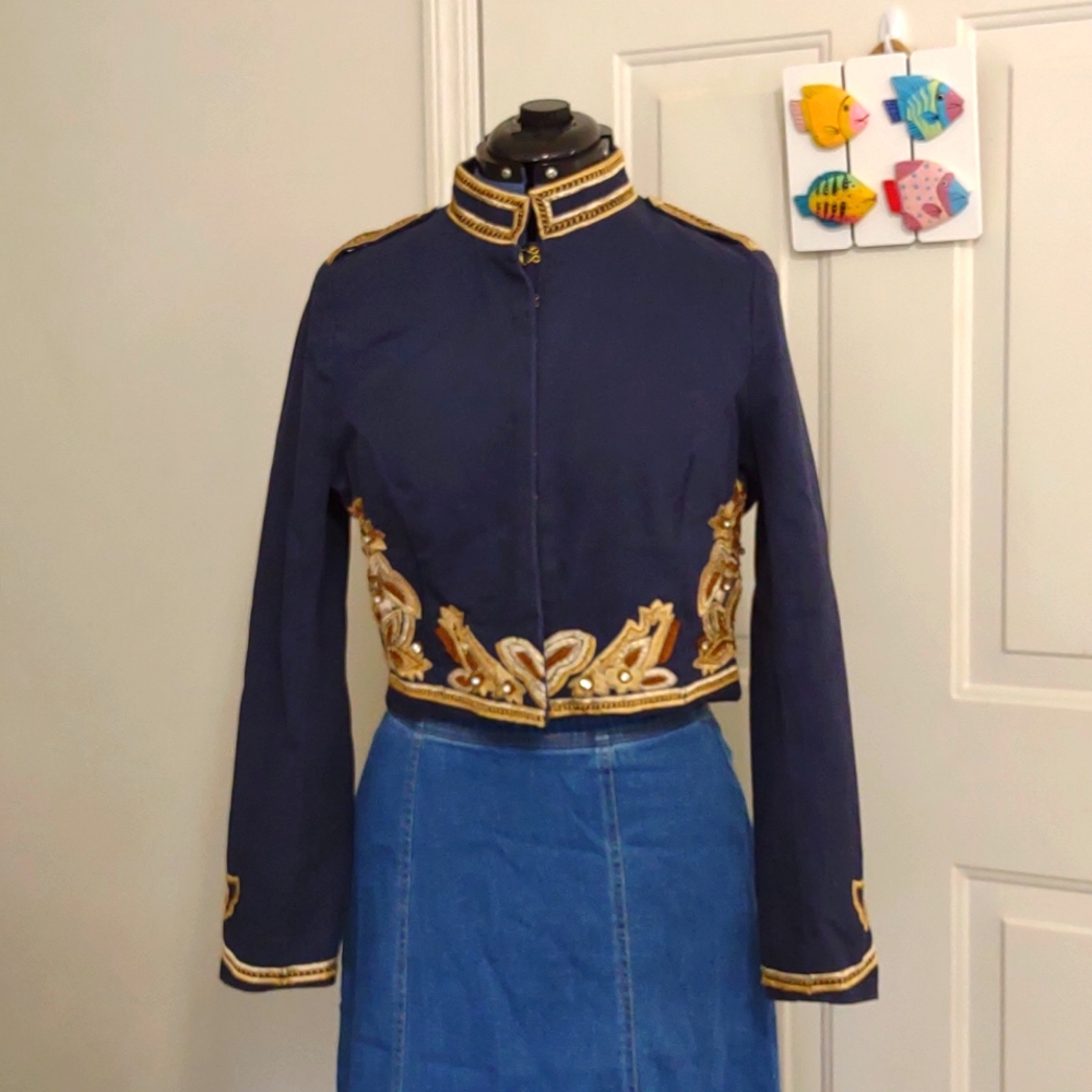 90s Cropped Hussar Jacket – Navy & Gold Statement Military Blazer - Picture 2 of 13
